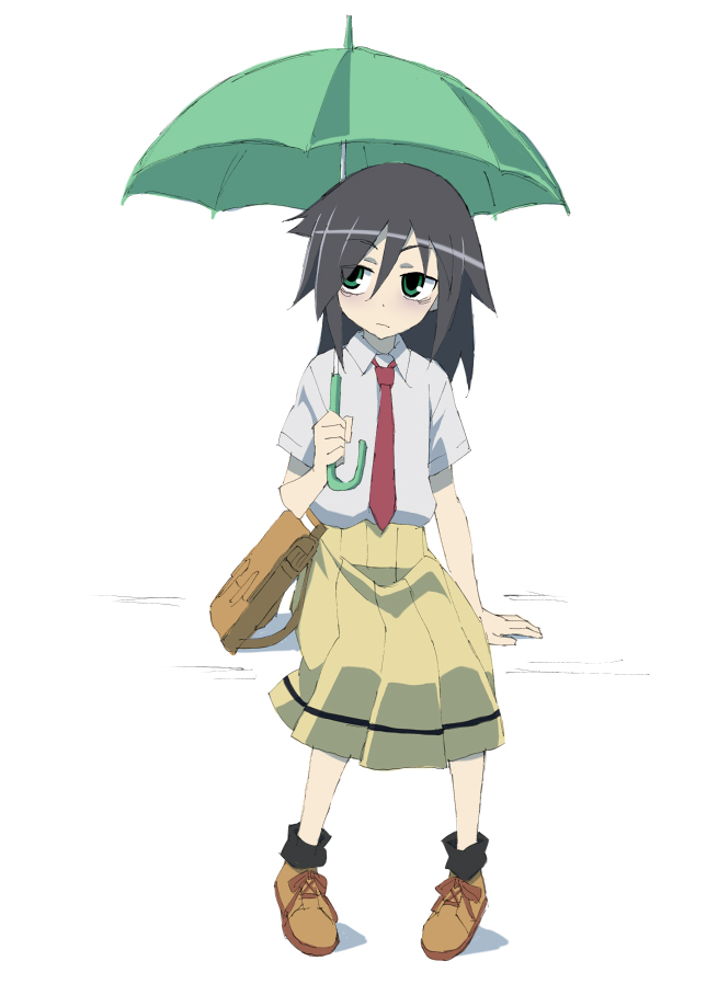 1girl, bag, bags_under_eyes, black_hair, black_legwear, boots, green_eyes, hair_between_eyes