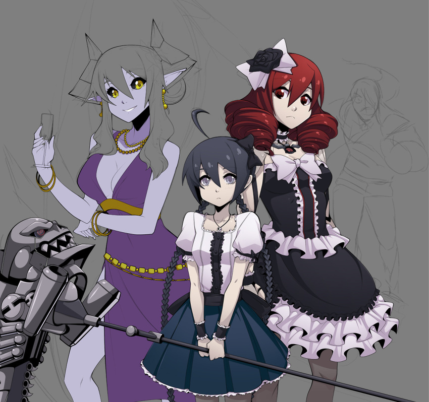 3girls, :<, ahoge, alternate_costume, alternate_hairstyle, bangle, black_hair, black_sclera