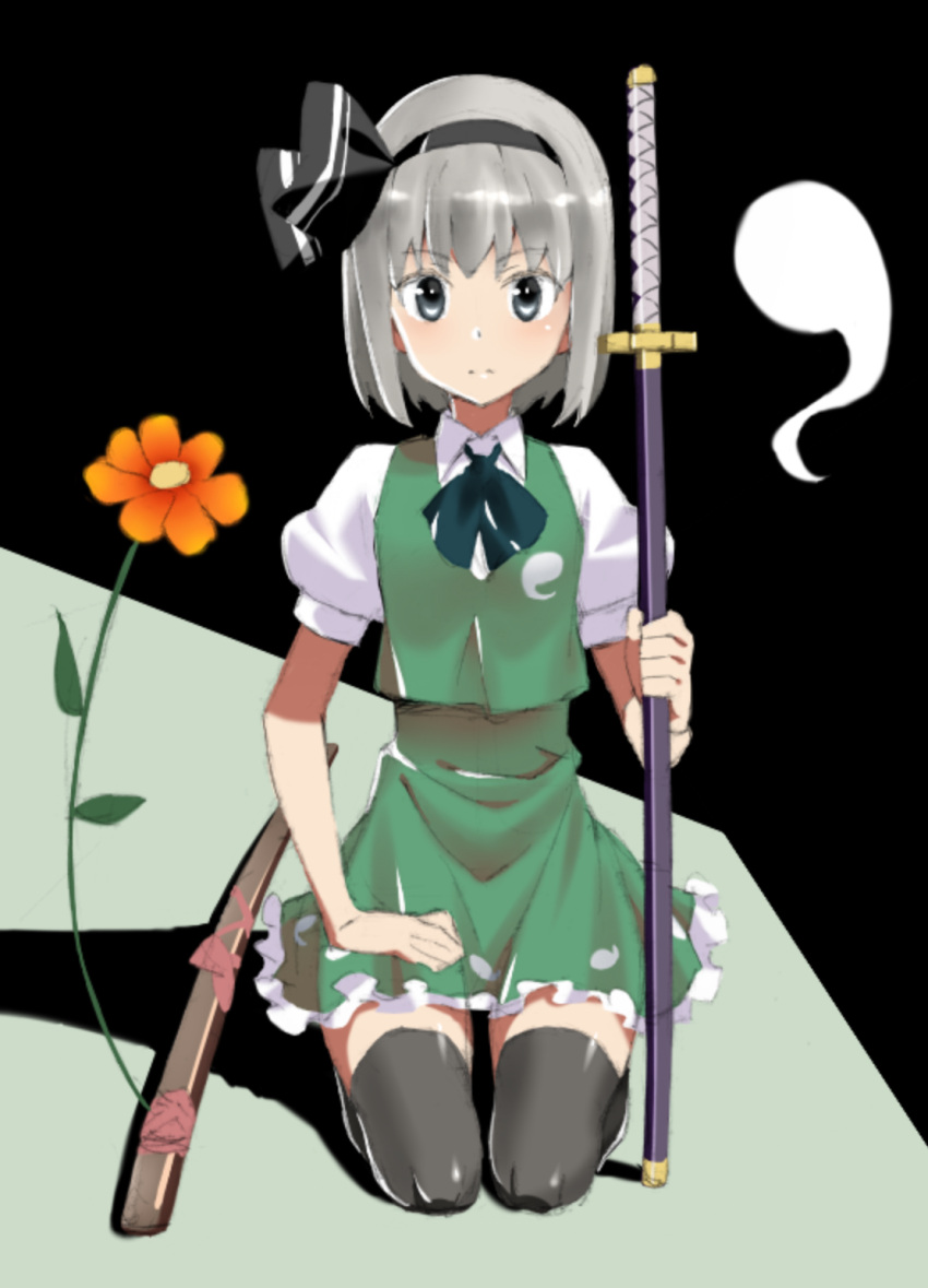 1girl, ascot, black_legwear, dress, facing_viewer, flower, frilled_dress, frills, green_dress, grey_eyes, hair_ribbon, hand_in_own_lap, highres, holding_sword, katana, konpaku_youmu, konpaku_youmu_(ghost), kurai_hisashi, looking_at_viewer, ribbon, seiza, shadow, sheath, shirt, short_sleeves, silver_hair, sitting, solo, sword, thighhighs, touhou, two-tone_background, vest, weapon, white_shirt, zinnia