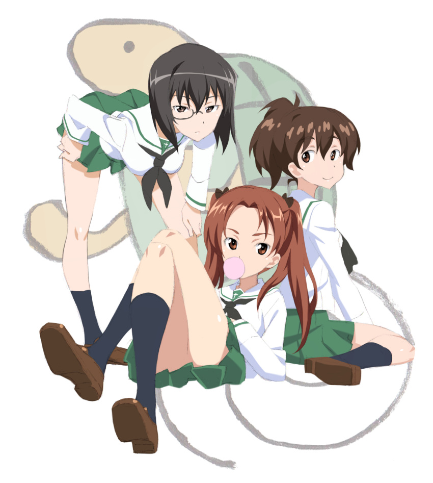 3girls, aquarius, aries, bent_over, black_hair, blowing_bubble, blue_legwear, bow