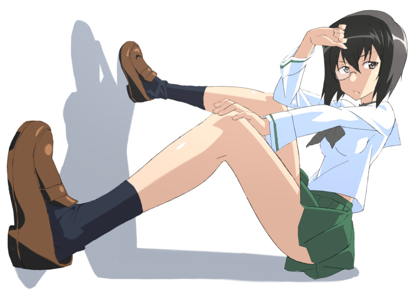 1girl, black_hair, bow_choker, brown_eyes, choker, feet_on_wall, foreshortening, from_side