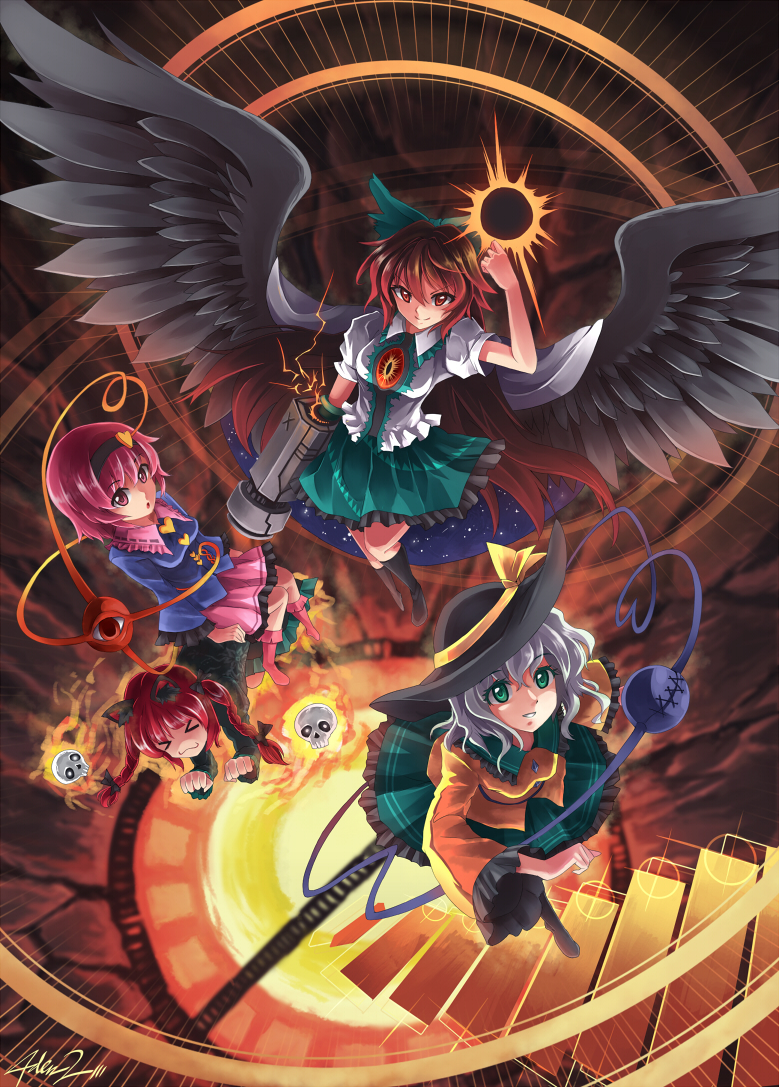 4girls, bow, dress, hat, heart, kaenbyou_rin, komeiji_koishi, komeiji_satori