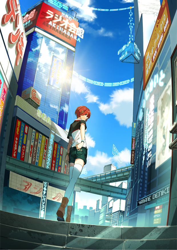 1girl, akihabara_(tokyo), boots, building, city, from_behind, green_eyes, kurono_kuro