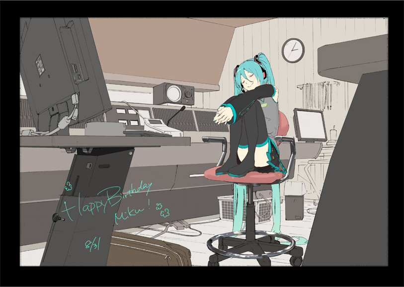 1girl, absurdly_long_hair, aqua_hair, closed_eyes, computer, detached_sleeves, happy_birthday, hatsune_miku