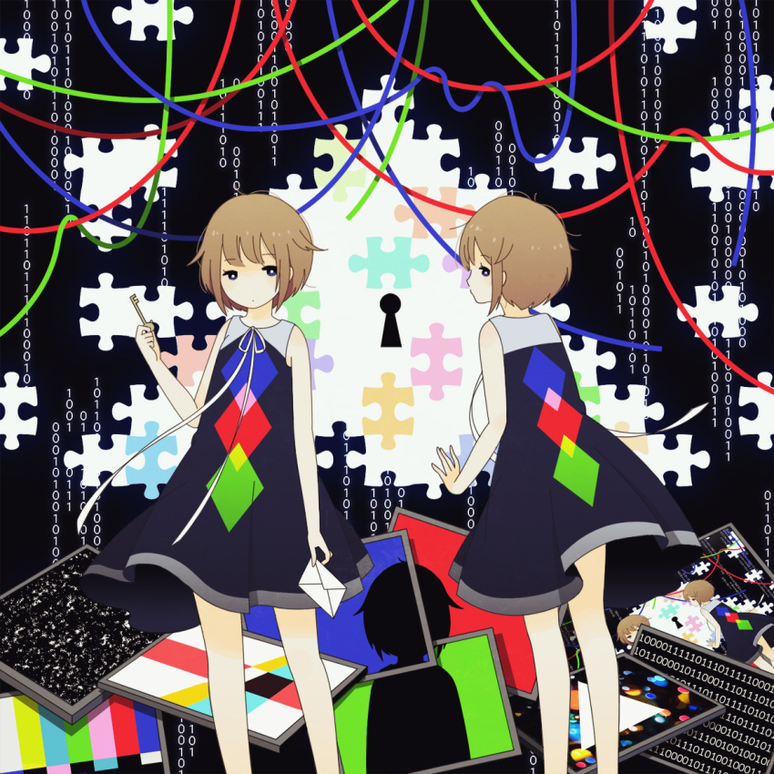 2girls, binary, black_eyes, brown_hair, color_bars, envelope, key, long_dress