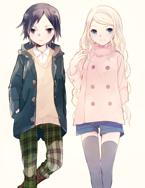 1boy, 1girl, alternate_costume, blonde_hair, blue_eyes, brown_eyes, brown_hair, calme_(pokemon)