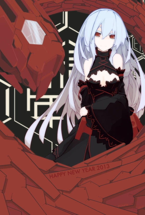 1girl, 2013, albino, aneacard_cinnabari_(oi+), bare_shoulders, belt, belt_pouch, breasts