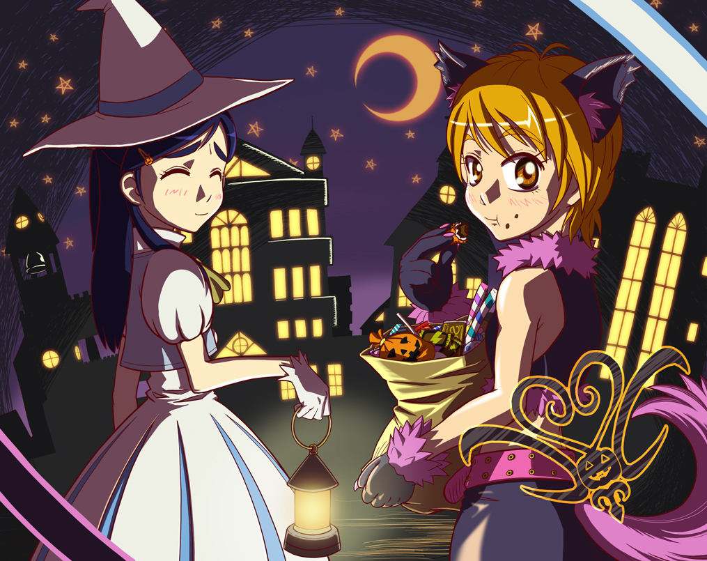 2girls, adapted_costume, animal_cosplay, animal_ears, bell, black_gloves, blue_hair, candy, city, closed_eyes, cure_black, cure_white, dress, eating, eyelashes, futari_wa_precure, futari_wa_precure_max_heart, gloves, hair_ornament, hairclip, halloween, halloween_costume, happy, hat, lamp, long_hair, looking_at_viewer, misumi_nagisa, moon, multiple_girls, navex, orange_eyes, orange_hair, precure, puffy_sleeves, short_hair, smile, tail, white_dress, white_gloves, witch, witch_hat, yukishiro_honoka