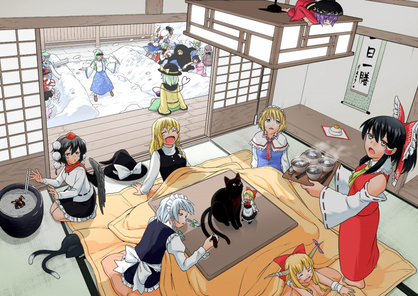 6+girls, alice_margatroid, apron, bakeneko, bird_wings, black_dress, black_hair, black_wings