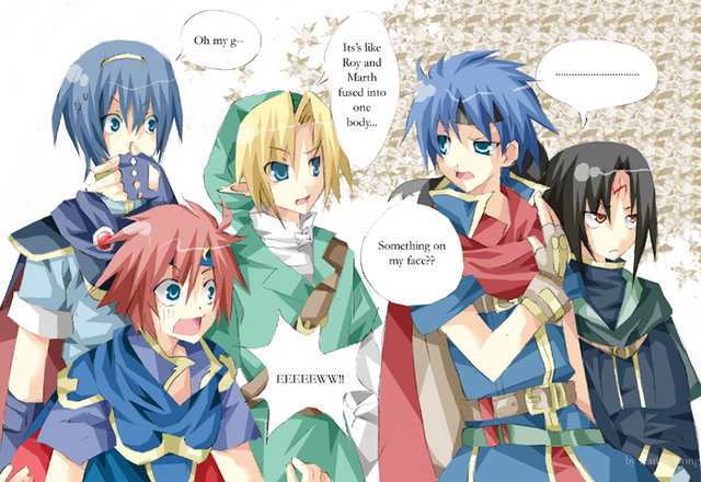 bandana, blonde_hair, fingerless_gloves, fire_emblem, ike, link, marth, nintendo, pointy_ears, redhead, roy, scarf, soren, sweatdrop, the_legend_of_zelda