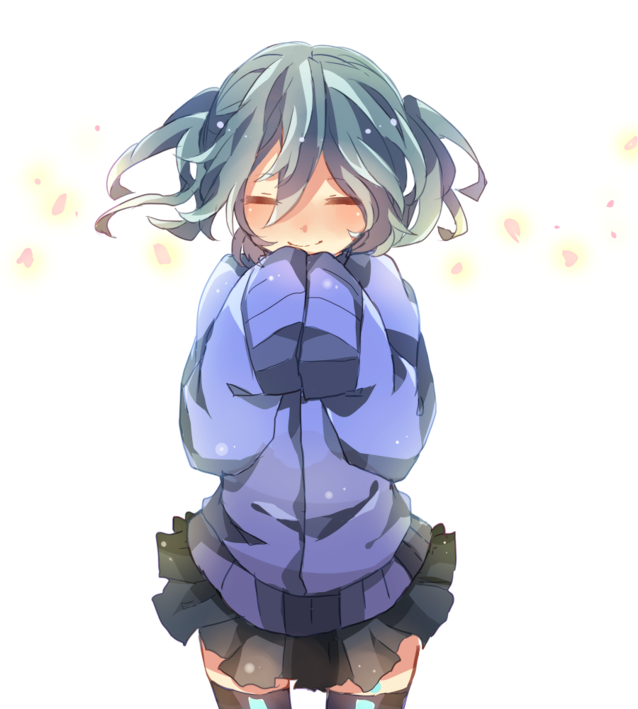 1girl, black_legwear, blush, closed_eyes, ene_(kagerou_project), hands_in_sleeves, headphones, kagerou_project