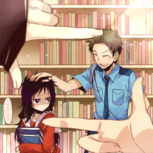 ..., 1boy, 1girl, black_hair, blush, brown_hair, hair_tussle, kanzaki_shiori