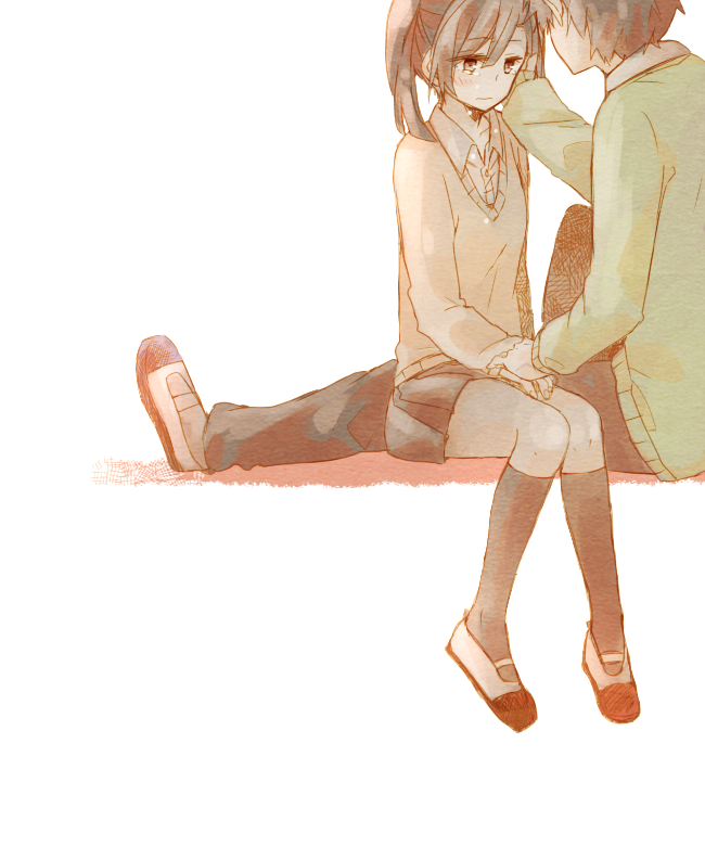 1boy, 1girl, black_hair, ene_(kagerou_project), hand_on_another's_cheek, hand_on_another's_face, kagerou_project, konoha_(kagerou_project)
