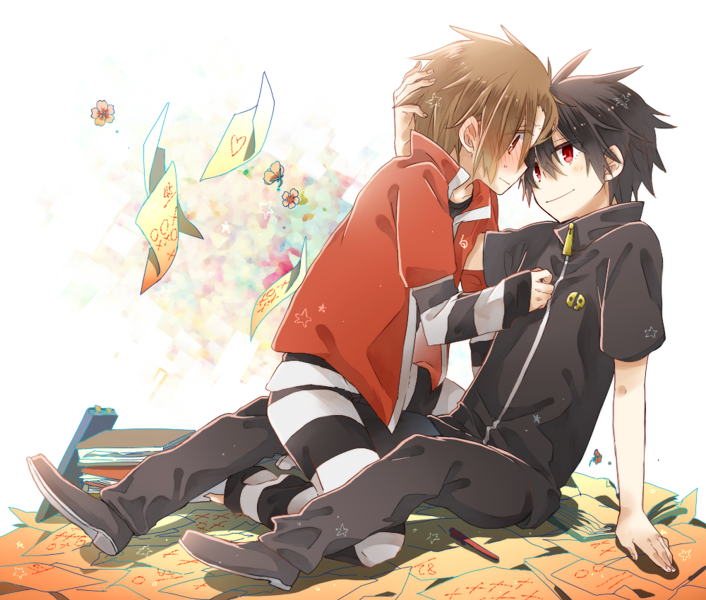 2boys, alba_(senyuu), black_hair, blush, brown_eyes, brown_hair, couple, multiple_boys
