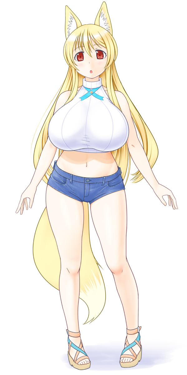 1girl, animal_ears, blonde_hair, breasts, denim, denim_shorts, fox_ears, fox_tail, full_body, highres, huge_breasts, kurotsuki_futon, long_hair, original, sandals, shorts, solo, tail