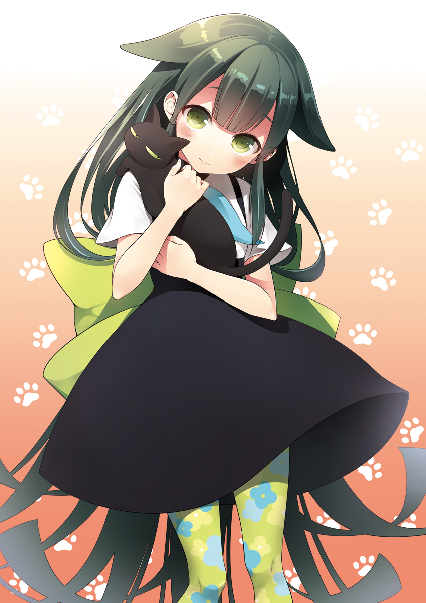 1girl, blush, cat, dress, gatchaman_crowds, green_eyes, green_hair, highres