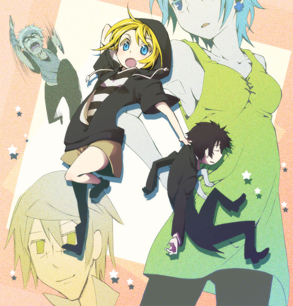 2girls, 3boys, ares_strahl, black_hair, blonde_hair, blue_eyes, blue_hair, butler