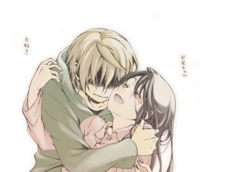 1boy, 1girl, blonde_hair, closed_eyes, foyfoy, hug, long_hair, maruu_(senyuu)