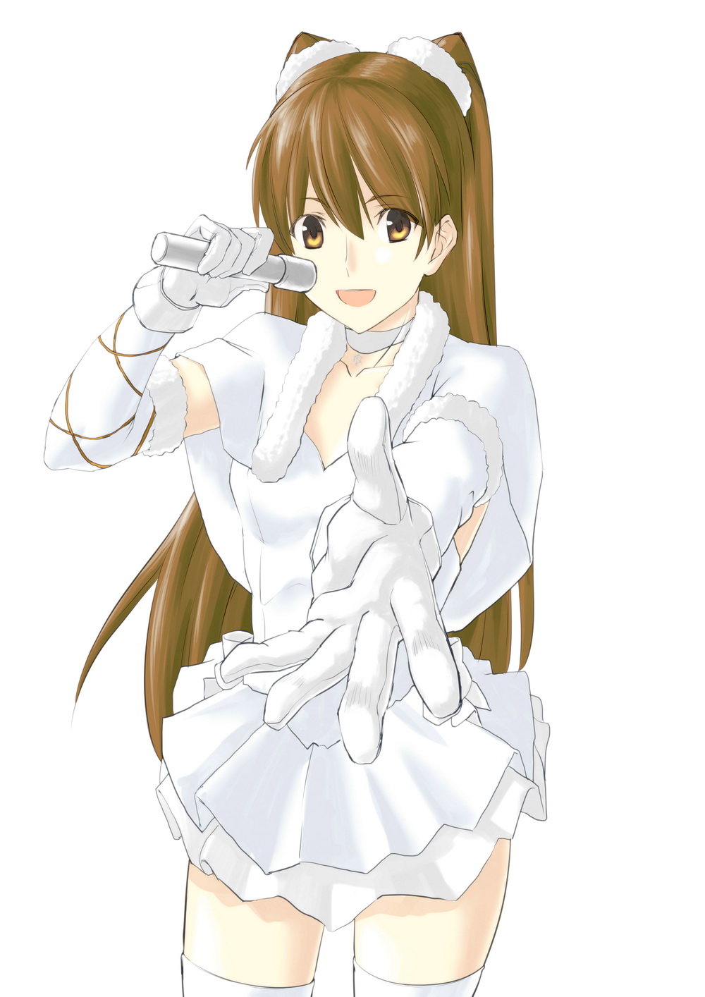 1girl, brown_eyes, brown_hair, choker, dress, elbow_gloves, gloves, highres