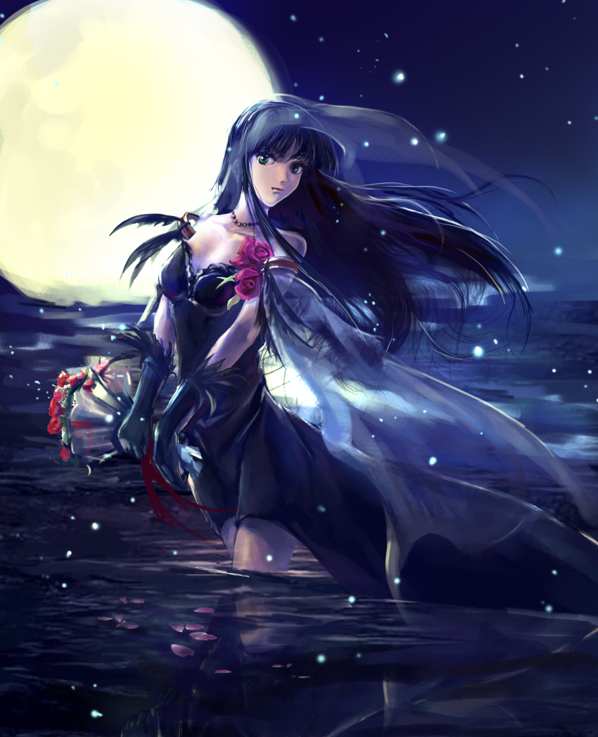 1girl, absurdres, black_dress, black_gloves, black_hair, bouquet, breasts, cleavage