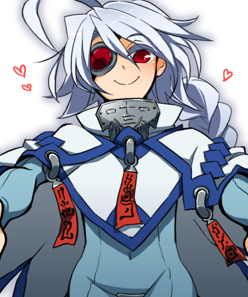 1girl, ahoge, blazblue, bodysuit, eyepatch, nu-13, puchi-pochi, red_eyes, silver_hair