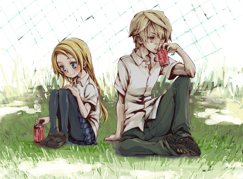 1boy, 1girl, blonde_hair, blue_eyes, blush, can, contemporary, drinking, foyfoy, highres, hime-chan, pantyhose, scar, school_uniform, sen'yuu., skirt, ue33777, yellow_eyes