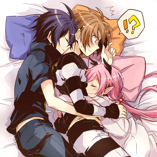 1girl, 2boys, alba_(senyuu), black_hair, blush, brown_eyes, brown_hair, closed_eyes