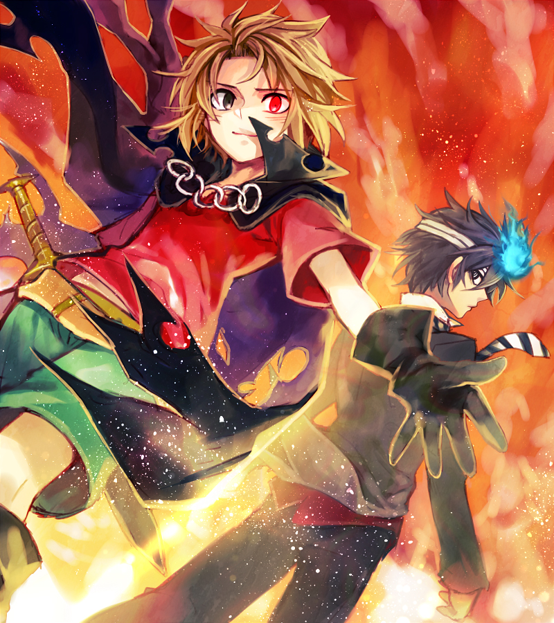 2boys, al_bhed_eyes, alba_(senyuu), black_eyes, black_hair, blue_fire, brown_hair, butler