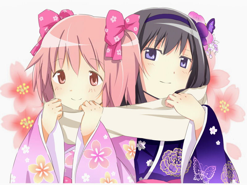 2girls, akemi_homura, black_hair, blue_eyes, bust, flower, hair_flower, hair_ornament