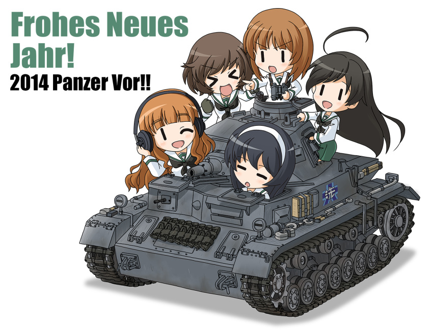 >_<, ahoge, akiyama_yukari, binoculars, black_hair, blush, brown_hair, caterpillar_tracks, defcon-1, german, girls_und_panzer, hairband, happy_new_year, headset, highres, isuzu_hana, long_hair, military, military_vehicle, nishizumi_miho, panzerkampfwagen_iv, reizei_mako, sailor_collar, school_uniform, short_hair, simple_background, takebe_saori, tank, translated, vehicle, white_background