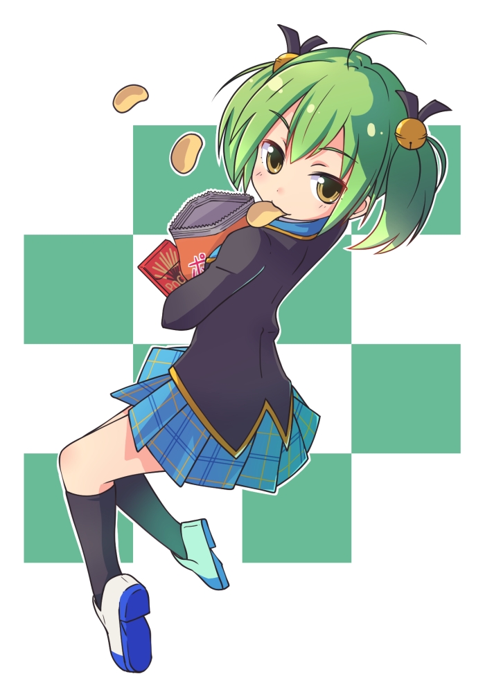 1girl, :3, ahoge, brown_eyes, food_in_mouth, gj-bu, green_hair, jito