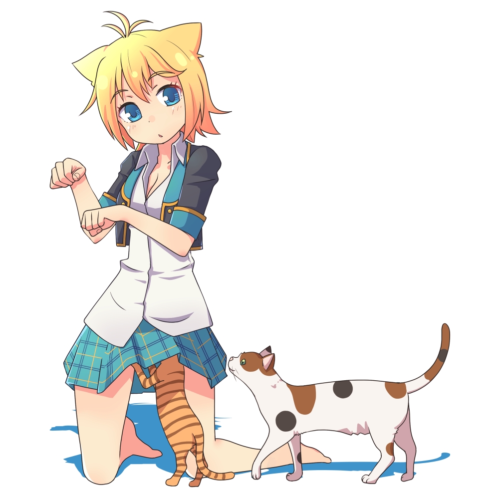 1girl, animal, animal_ears, barefoot, blonde_hair, blue_eyes, breasts, cat