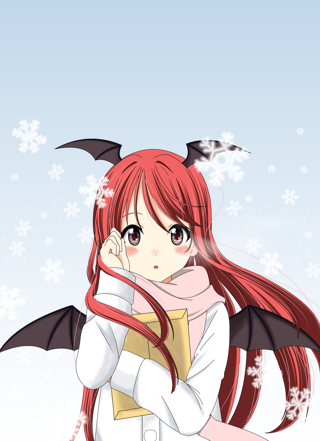 1girl, :o, bat_wings, blush, coat, envelope, gradient, gradient_background