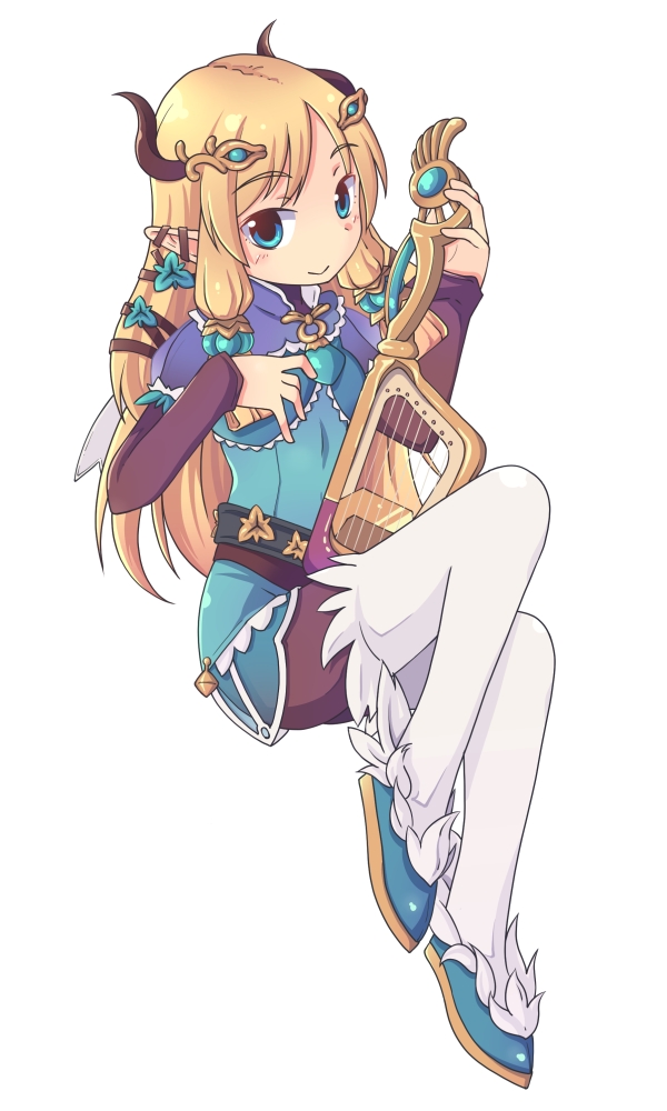 1girl, blonde_hair, blue_eyes, flower, hair_flower, hair_ornament, hair_ribbon, harp