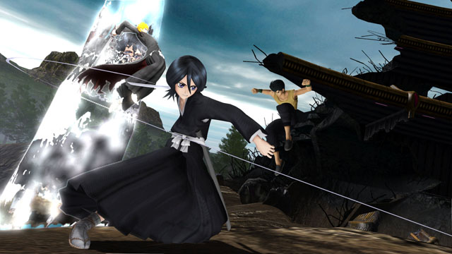 black_hair, bleach, ice, j-stars_victory_vs, katana, kuchiki_rukia, kurosaki_ichigo, long_hair, messy_hair, orange_hair, rubble, screencap, sword, tagme, weapon, yuyu_hakusho, zanpakuto