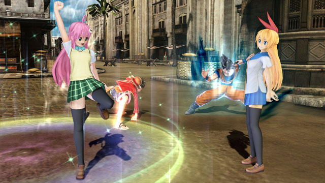 2boys, 2girls, black_legwear, blonde_hair, dragon_ball, dragon_ball_z, j-stars_victory_vs, kirisaki_chitoge