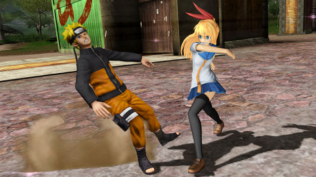 1boy, 1girl, blonde_hair, j-stars_victory_vs, kirisaki_chitoge, long_hair, messy_hair, naruto