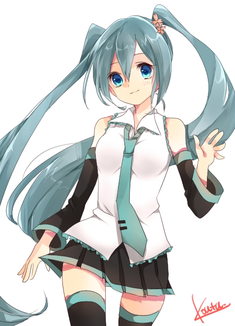 1girl, aqua_hair, artist_name, blue_eyes, detached_sleeves, hatsune_miku, kouta_(ajtda), long_hair, necktie, simple_background, skirt, solo, thighhighs, twintails, very_long_hair, vocaloid, white_background