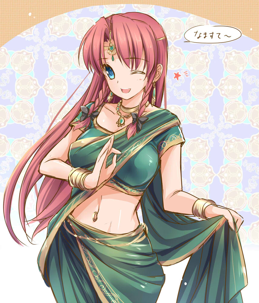 1girl, ;d, alternate_costume, bow, bracelet, braid, circlet, earrings