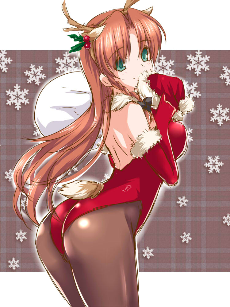 1girl, alternate_costume, antlers, ass, blue_eyes, blush, braid, breasts, elbow_gloves, gloves, green_eyes, hat, hong_meiling, long_hair, moneti_(daifuku), pantyhose, red_gloves, redhead, reindeer_ears, reindeer_tail, sack, santa_hat, smile, solo, touhou, twin_braids