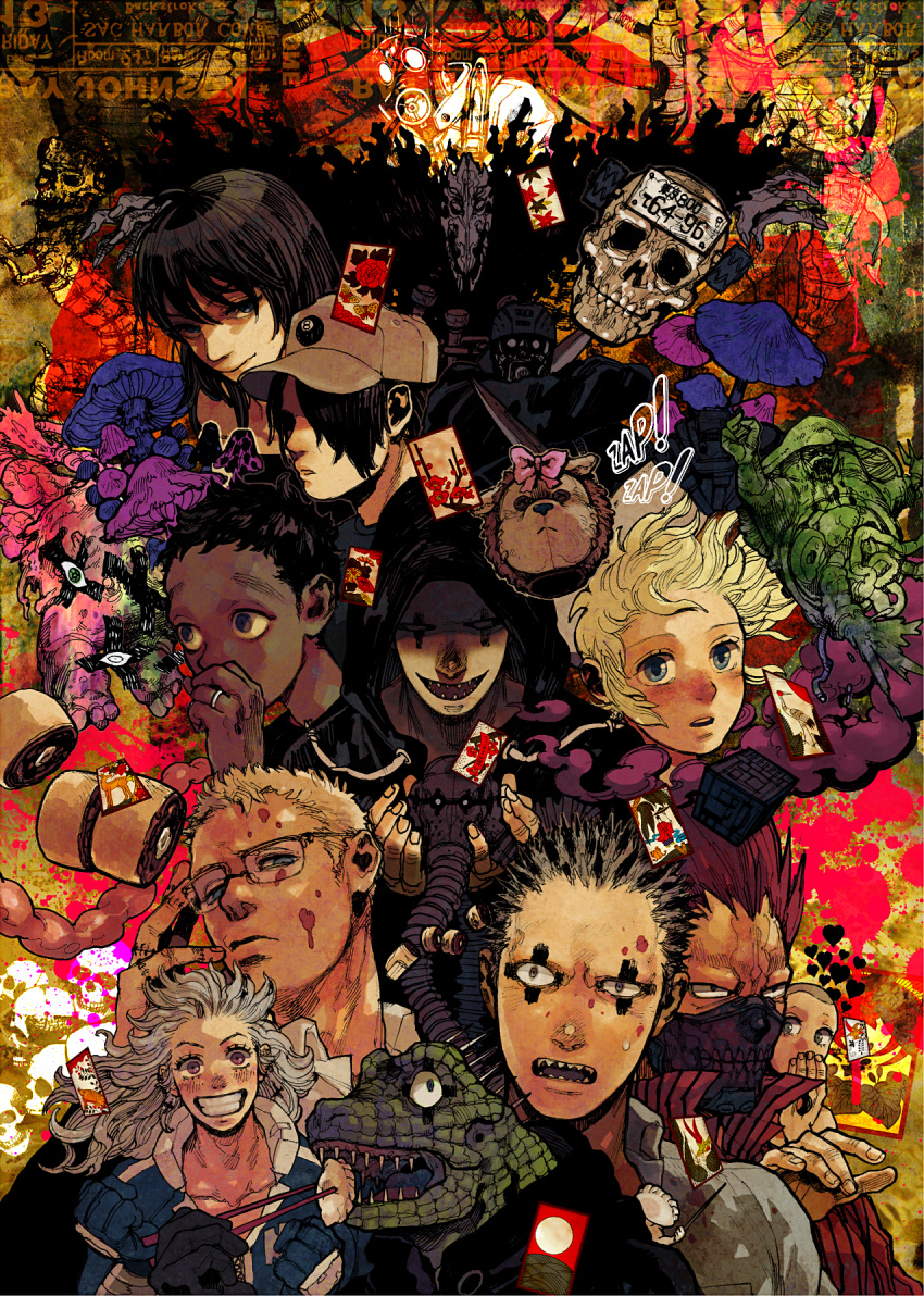 3girls, 6+boys, aikawa, baseball_cap, black_hair, blonde_hair, blood, blue_eyes