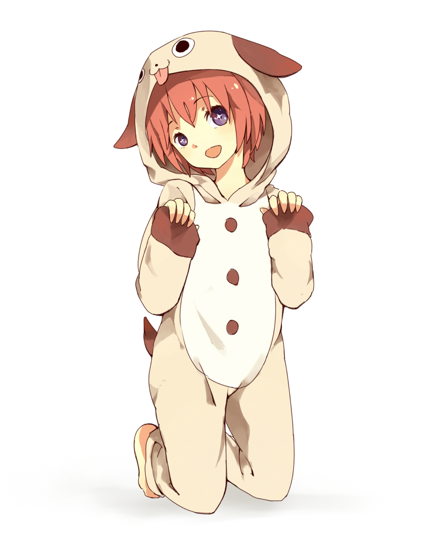 1girl, :d, akaza_akari, animal_costume, barefoot, dog_costume, duizhang, kneeling