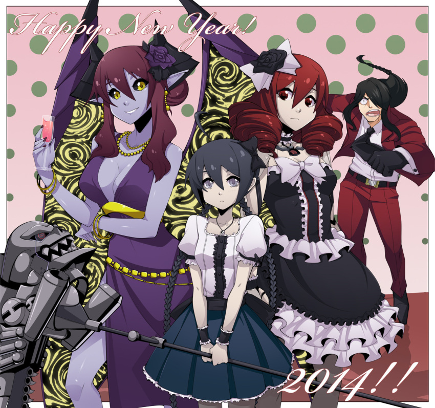1boy, 2014, 3girls, :<, ahoge, alcohol, alternate_costume, alternate_hairstyle