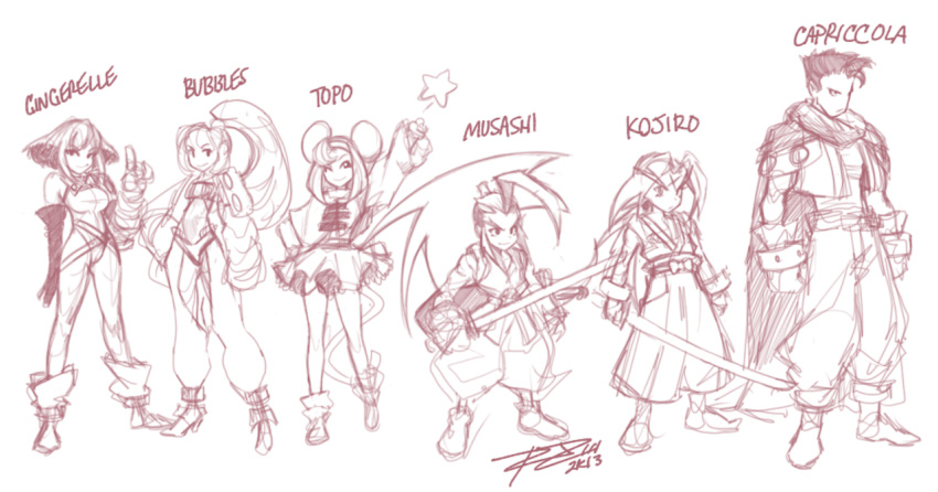3boys, 3girls, brandy_(musashiden), brave_fencer_musashiden, character_name, double_bun, jean_walker, katana, liquor_(musashiden), miyamoto_musashi, monochrome, multiple_boys, multiple_girls, robert_porter, sasaki_kojirou, sketch, sword, topo, weapon