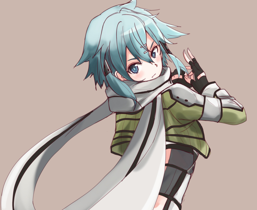 1girl, blue_eyes, blue_hair, fingerless_gloves, gloves, kaipankun, scarf, shinon_(sao), short_hair, sword_art_online