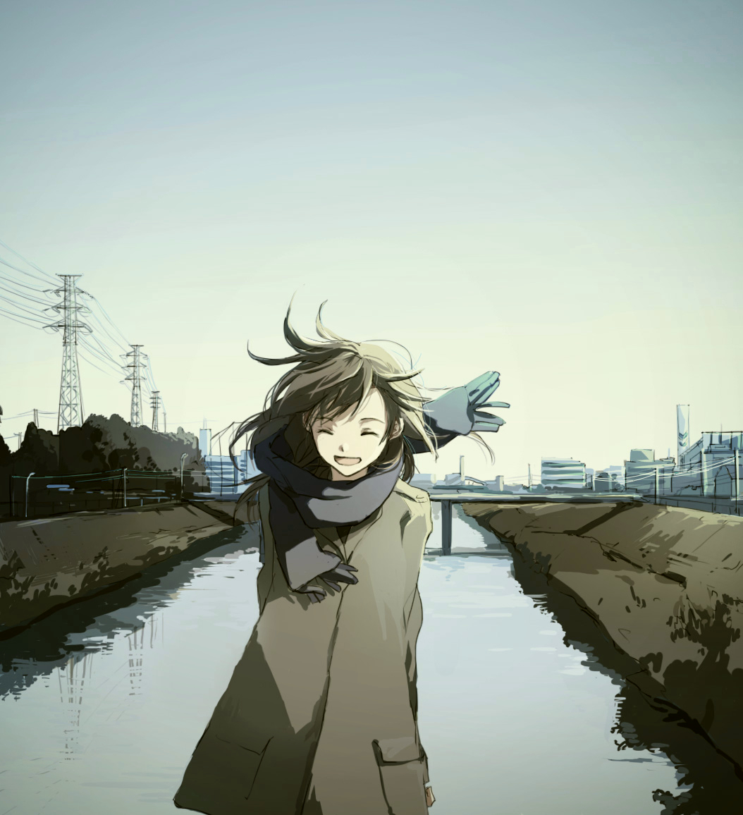 1girl, :d, bridge, brown_hair, cityscape, closed_eyes, coat, hanno, open_mouth, original, power_lines, river, scarf, scenery, smile, wind
