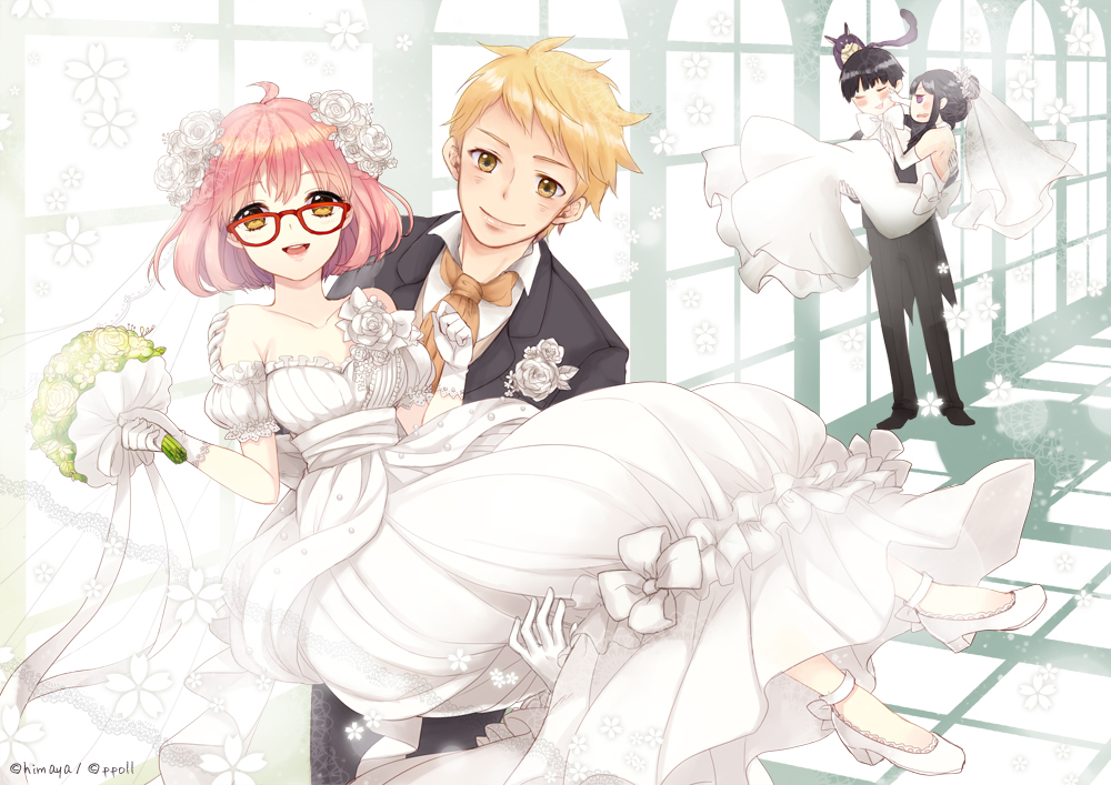 2boys, 2girls, black_hair, blonde_hair, bob_cut, bouquet, bridal_veil, carrying