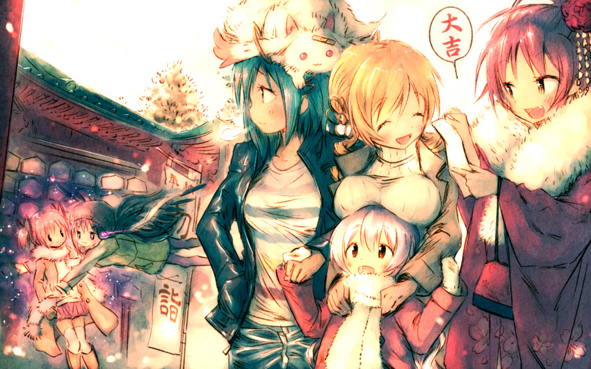 6+girls, akemi_homura, akuma_homura, animal_on_head, bag, bandaid, black_hair, blonde_hair