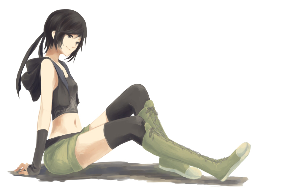 1girl, aerlai, black_hair, black_legwear, boots, cross-laced_footwear, detached_sleeves, final_fantasy