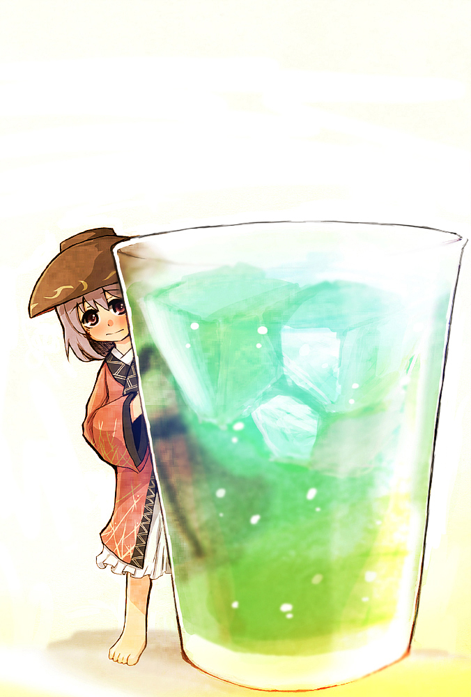 1girl, barefoot, bowl, glass, hiding, ice_cube, japanese_clothes, kimono, lavender_hair, minigirl, obi, peeking_out, red_eyes, short_hair, short_kimono, simple_background, solo, sukuna_shinmyoumaru, topadori, touhou, white_background